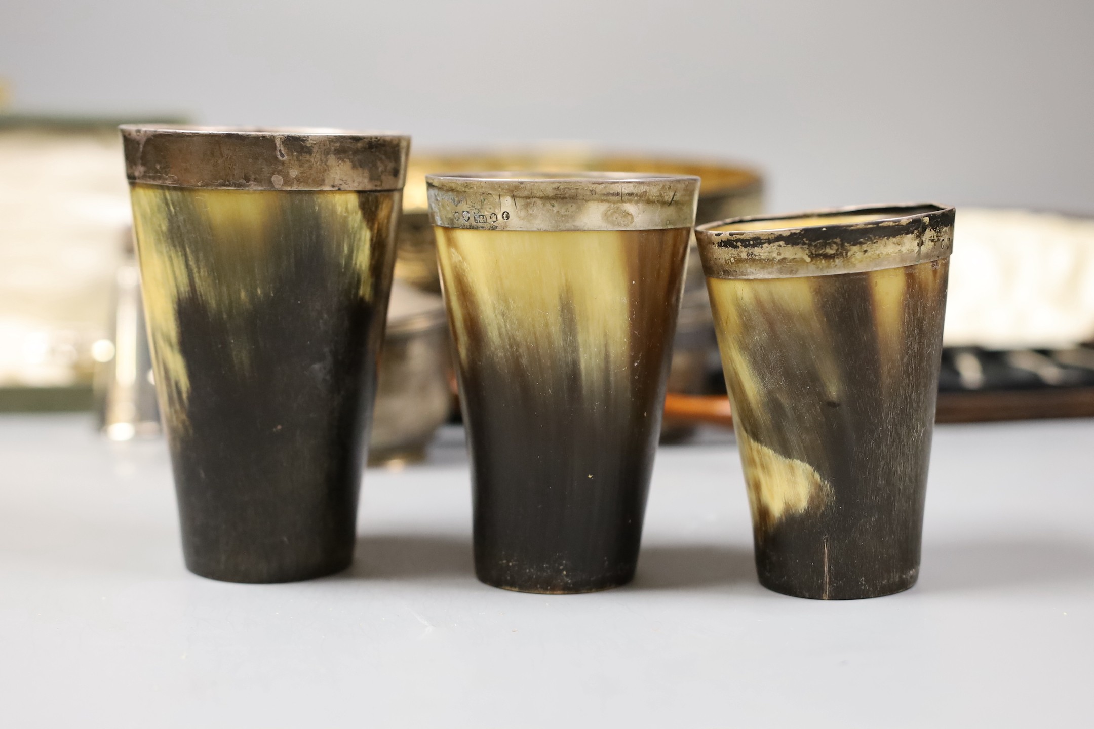 Assorted silver and other items including two silver mounted photograph frames, a Georgian silver mustard by John Eames, a graduated suite of three Victorian silver mounted horn beakers, a silver candle extinguisher, a c